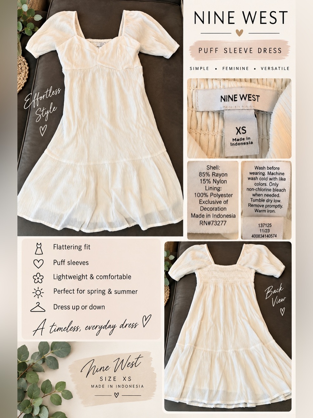 Nine West Cream Puff Sleeve Square Neck Dress